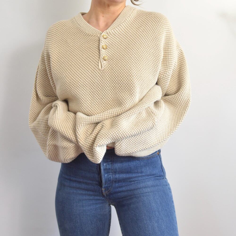 classic susquehanna trail beige bubble knit quarter button cotton sweater